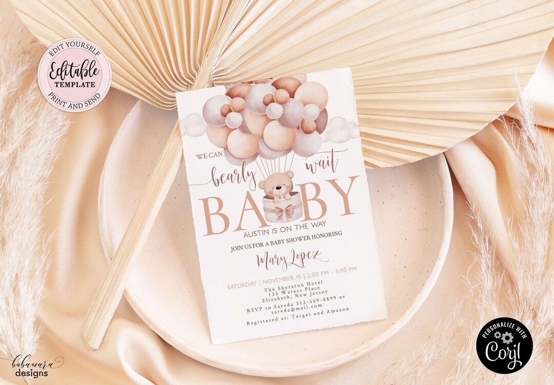 Gender Neutral Bear Hot Air Balloon Baby Shower Invitation, Editable We ...