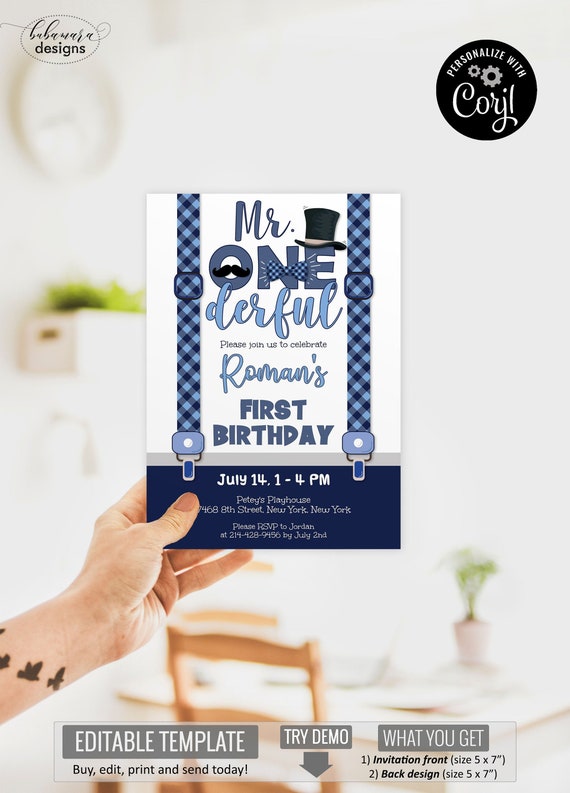 First Birthday Invitation Boy, Mr Onederful Birthday Invite, Navy Blue Suspenders, Bowtie Mustache 1st Birthday, Top Hat Invitation CEP165 Il_570xn