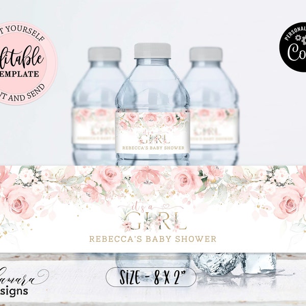 Editable It's a Girl Water Bottle Label, Blush Pink Gold Floral Water Bottle Labels Template, Girl Baby Shower Watter Bottle Label CEP073