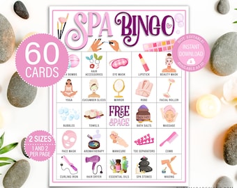 60 Spa Bingo Cards, Printable Spa Birthday Party Bingo, Pamper Kids Class Activity, Instant Download Girls Manicure Party Bingo Fun Games