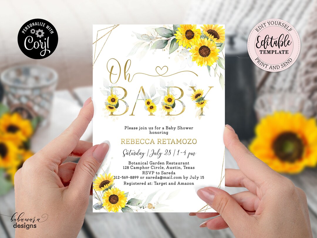 Sunflowers Baby Shower Invitation, Editable Girl Baby Shower Invite