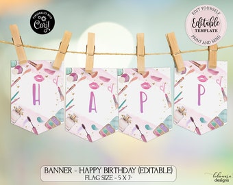 Editable Spa Party Banner, Happy Birthday Banner, Pink Gold Makeup Pennants, Glitz and Glam Banner, Girl Pink Gold Purple Banner CEP079