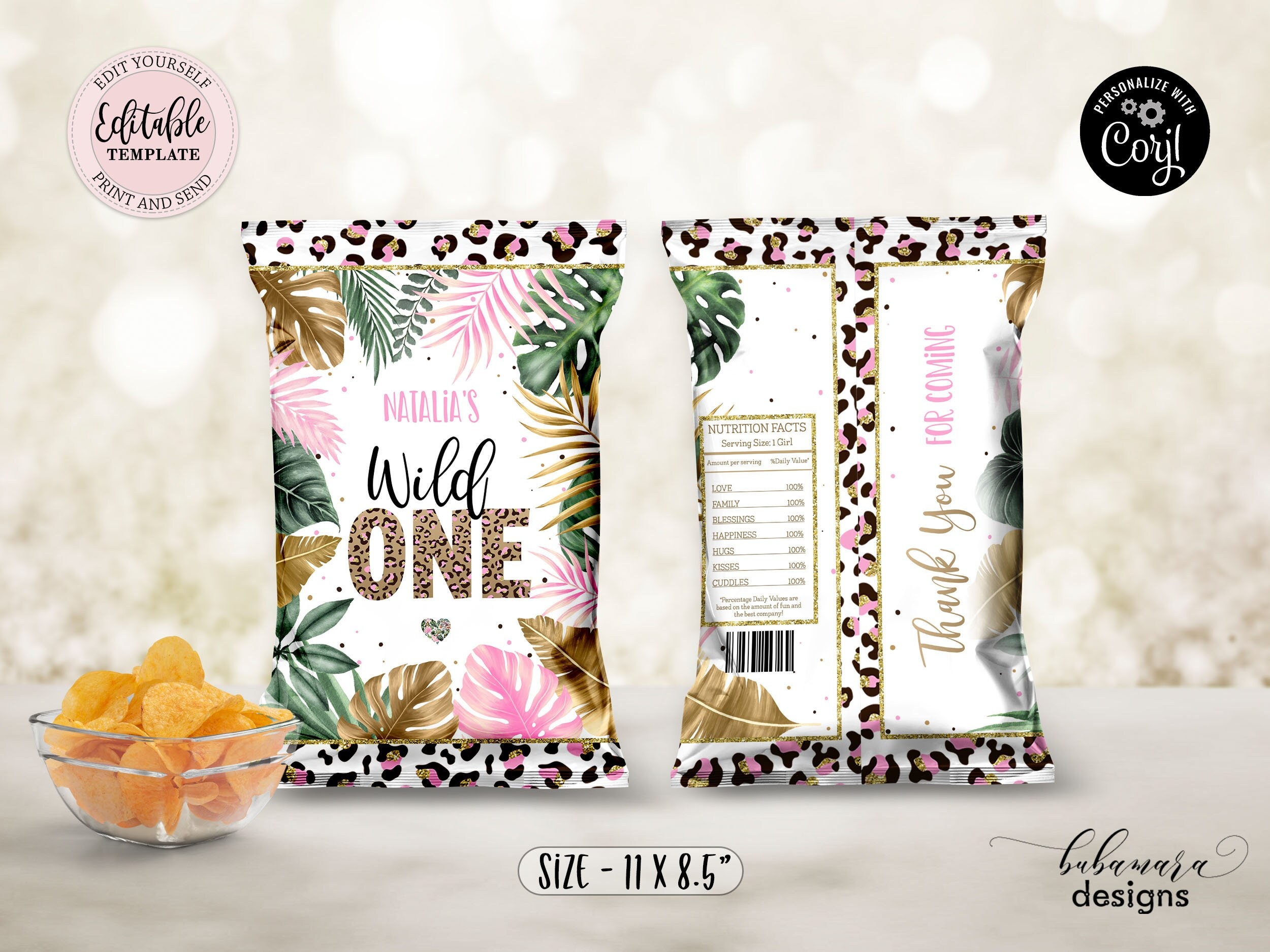 Editable Wild One Leopard Print Chip Bag, Girl Jungle Chip Bag, Safari 1st Birthday Party Snacks Treats Favor Digital Chip Bag CEP086