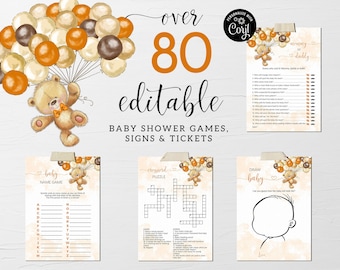 We Can Bearly Wait Orange Balloons Game Bundle, 80 Editable Virtual Baby Shower Games and Signs, Teddy Bear Baby Shower Games Signs CEP078