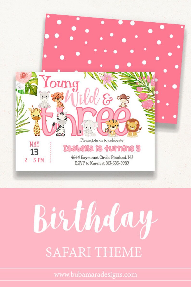 Pink Floral Safari Young Wild & Three Birthday Invitation Etsy