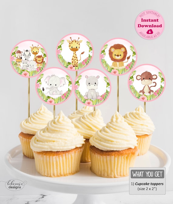 Safari Cupcake Toppers Girl Jungle Animals Birthday Cake Etsy