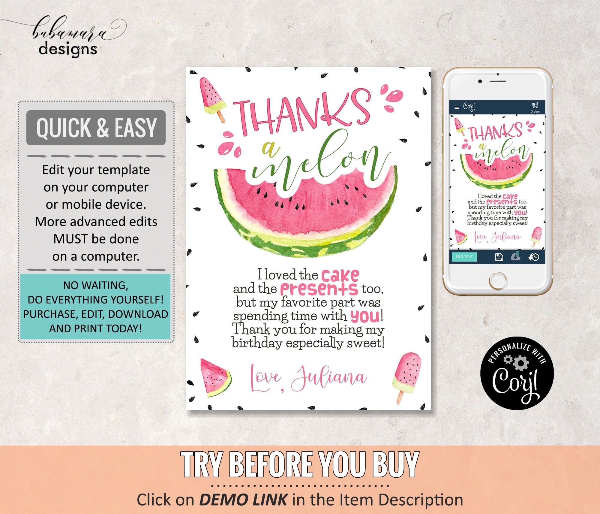Watermelon Thank You Note Thanks a Melon Thank You Card - Etsy