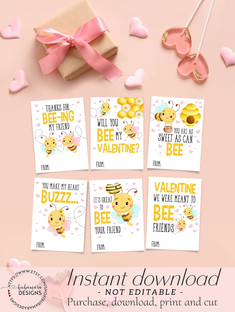 May include: Set of six Valentine's Day cards with bee-themed puns and illustrations. Each card features a cute cartoon bee and phrases like "Bee My Valentine?" and "You are as sweet as can bee." Includes a gift box and heart-shaped lollipops.