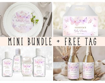 Peut inclure: Un ensemble de cadeaux de fête avec des étiquettes sur le thème des papillons sur une assiette, une boîte cadeau, quatre flacons de gel hydroalcoolique et deux bouteilles de vin. Le texte indique Butterfly kisses, Rebecca's Baby Shower.
