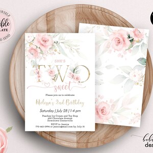 Editable 2nd Birthday Invitation Template, Blush Pink Floral Two Sweet ...