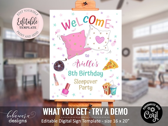 Sleepover Party Welcome Sign, Girl Slumber Party Welcome Sign, Pajama Party Birthday Welcome Sign, Editable Movie Night Welcome Sign CEP154 Il_570xn
