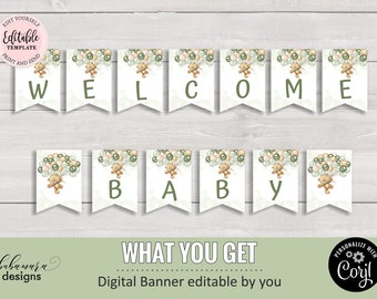 Editable Bear Baby Shower Banner, We Can Bearly Wait Welcome Baby Banner, Teddy Bear Green Gold Baloons Boy Baby Shower Banner CEP078