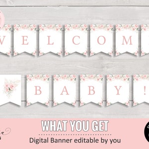 Bearbeitbares Blush Pink Floral Baby Shower Banner, Willkommen Baby Banner, Girl Pink Blush Gold Baby Shower Flag Banner CEP073