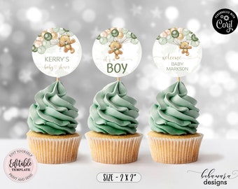 Editable Teddy Bear Cupcake Toppers, Bear Green Gold Balloons 2 inch Round Cake Toppers, We Can Bearly Wait Girl Boy Baby Shower CEP078