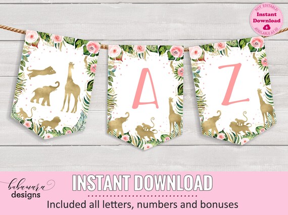 Jungle Birthday Banner, Safari Happy Birthday Banner, Gold Pink Floral Safari Banner, Girl Baby Shower, All Letters Banner, Any Event CEP038 Il_570xn