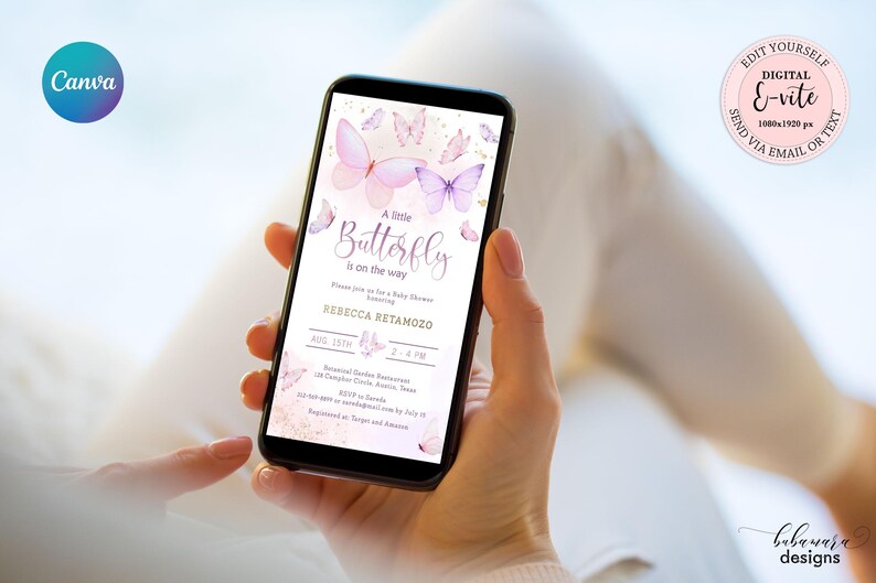 Editable Butterfly Baby Shower Evite, Girl Little Butterfly Baby Shower Electronic Invitation, Pink Purple Baby Shower Digital E-vite CEP087 image 1