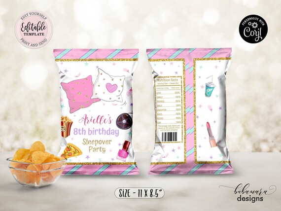 Sleepover Party Chip Bag, Slumber Party Chip Bag Favor, Girl Pajama Party Editable Chip Bag Digital Party Favors CEP154 Il_570xn