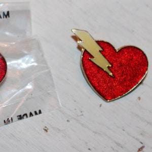 Vintage Enamel Lightning Bolt Red Heart Pin - Valentines Pin Brooch with Lightning Bolt - Lapel Pin Gift for Her