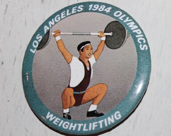 Vintage LA Olympic Games Weightlifting Pin-On Button Pin Lot or Singles by L.A. Button CO, Bounce, Complex, Concentric, Barbells