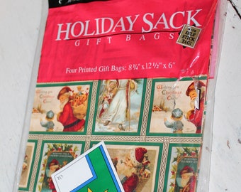 Sacs-cadeaux vintage Holiday Sack - Quatre sacs-cadeaux et étiquettes imprimés de Noël - Sacs-cadeaux cadeaux Père Noël et Bonhomme de neige