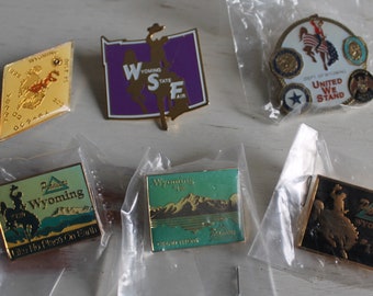 Vintage Wyoming Travel Souvenir Enamel Pin Lot - Wyoming State Fair, Grand Tetons, Lions Club, United we Stand