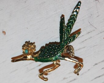 Vintage Gold Tone Roadrunner Brooch Pin with Green Eye - Southwestern Jewelry