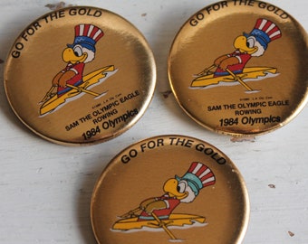 Go For The Gold Sam The Olympic Eagle Rowing Pinback Button Pin L.A. 1984 Olympics