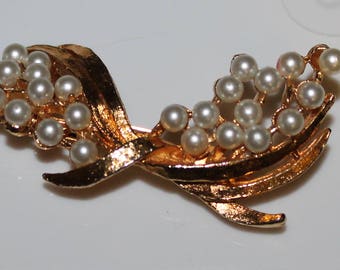 Vintage faux perla perla tono oro broche pin, pasador de broche de joyería de arco