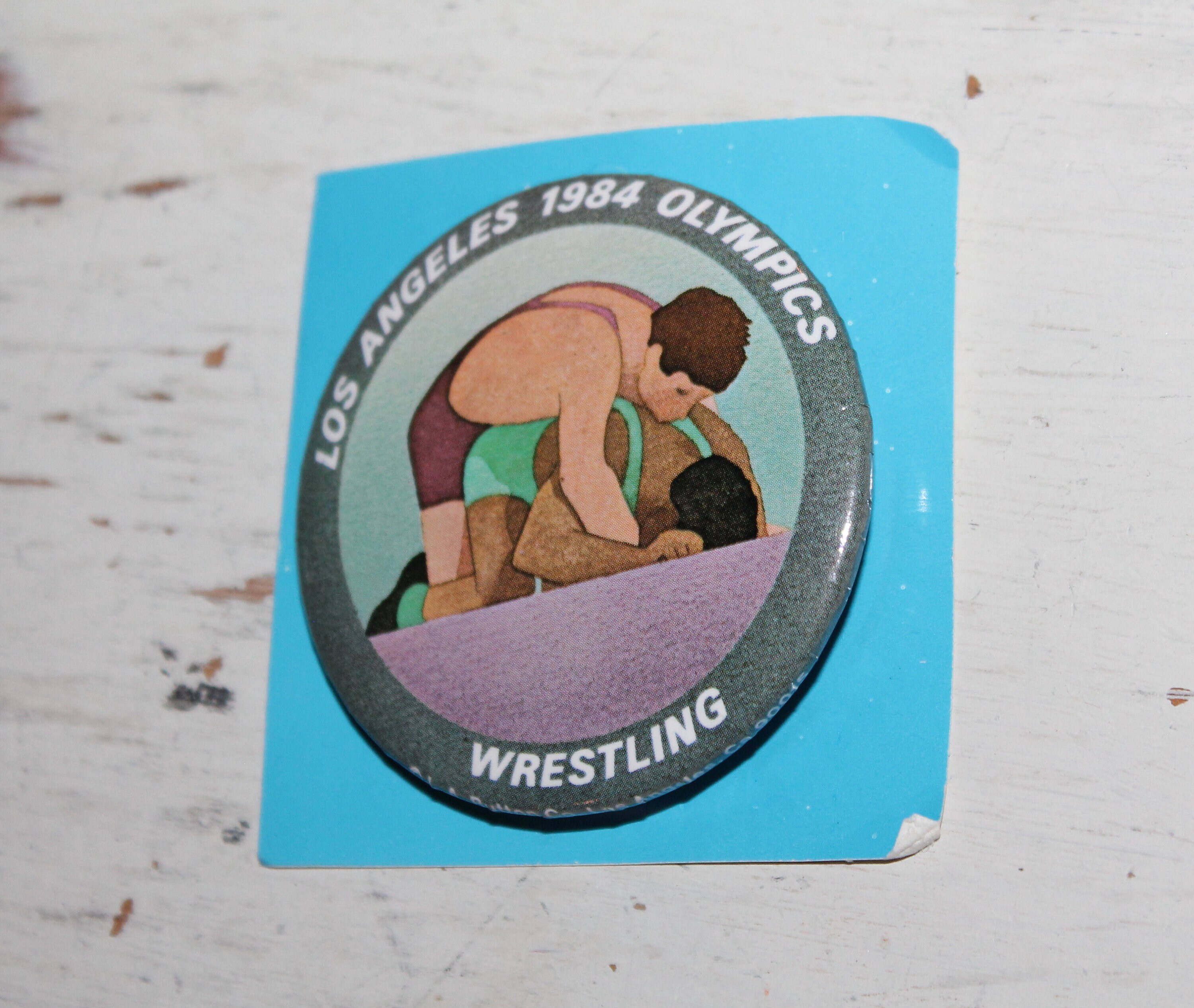 Vintage Los Angeles 1984 Olympic Wrestling Pinback Button Pin by L.A. Button CO