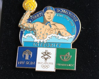 Terry Schroeder Water Polo Salt Lake City Utah Olympic Integrity Enamel Lapel Pin LOT of 9, Nu Skin and Pharmanex Sponsor