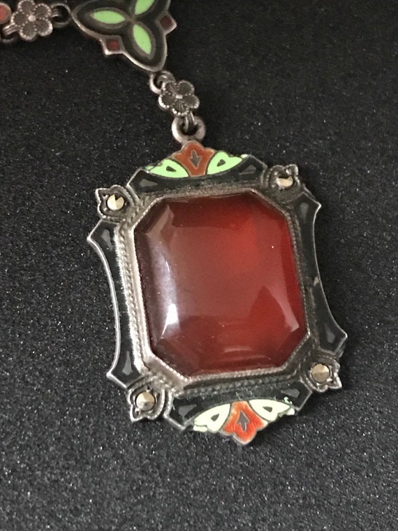 Art Deco Enamel and Carved Carnelian Sterling Sil… - image 4