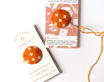 Needle Minder, Design #84 - Ruby Star Society Heirloom Star | Caramel, Orange Fabric, White and Rust Quilt Motifs