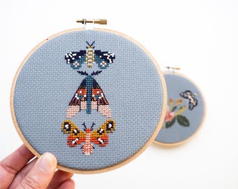Moths Cross Stitch Kit: Modern Blue Aida, 5&quot; Hoop