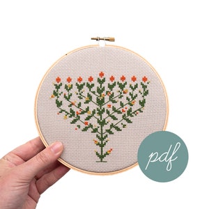 Flowering Menorah, Modern Cross Stitch Pattern, *PDF Only