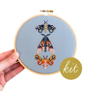 Moths Cross Stitch Kit: Modern Blue Aida, 5" Hoop, DIY Modern Counted Cross Stitch Kit