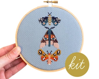 Moths Cross Stitch Kit: Modern Blue Aida, 5" Hoop, DIY Modern Counted Cross Stitch Kit