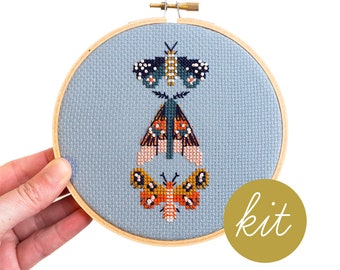 Moths, Modern Cross Stitch Kit, Blue Aida