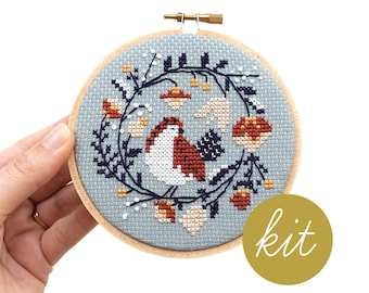 Winter Bird, Modern Cross Stitch Kit, DIY Holiday Kit