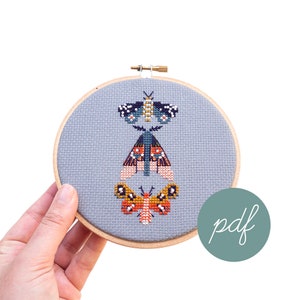 Moths Modern Cross Stitch Pattern, Blue *PDF Only