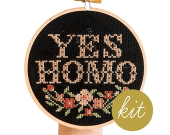 Yes Homo, Modern Cross Stitch Kit, Black