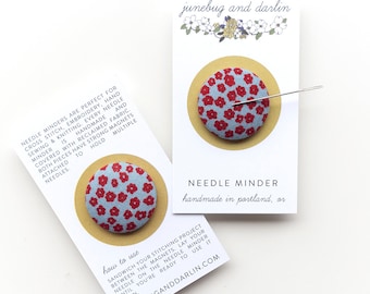 Needle Minder, Design #56 - mini red flower on light blue, Cross Stitch Accessory