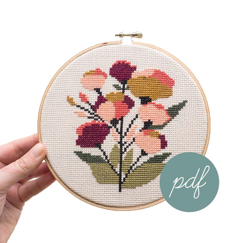 Coral Floral Modern Cross Stitch *PDF Only