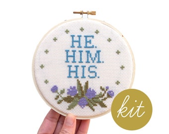 Pronouns (He. Him. His.), Modern Cross Stitch Kit