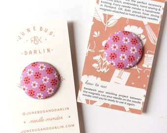 Needle Minder, Design #83 - Ruby Star Society Basket | Deep Lavender, Pink Fabric, White and Rust Flower Petals