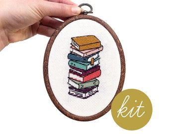 Mystery Novel Bookstack, Modern Cross Stitch Kit, Faux Wood