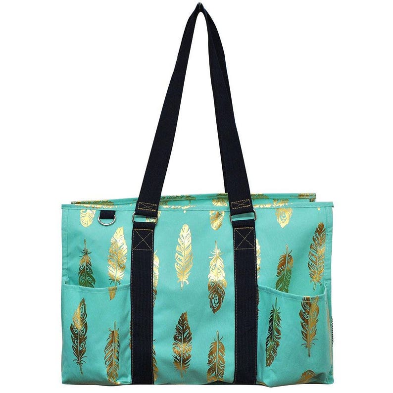 Embroidered Mint With Gold Feather Small Utility Tote-Monogram Utility Tote-Personalized Utility Tote-Embroidered Carry All Bag