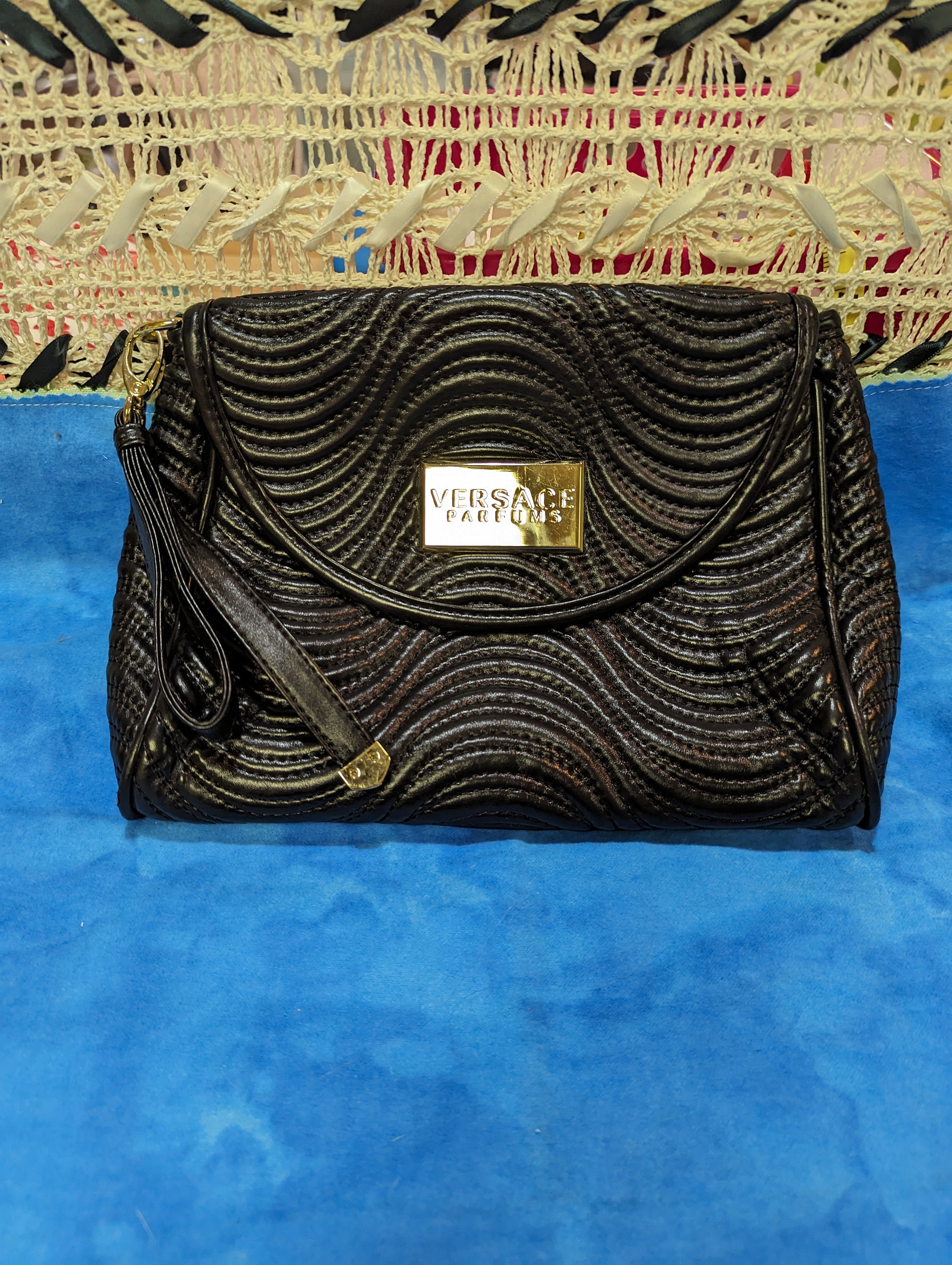 Versace Women's Black Leather Gold Medusa Clutch Handbag Bag