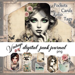 Digital Vintage Lady Junk Journal-Folio-Pockets-Tags-Paper