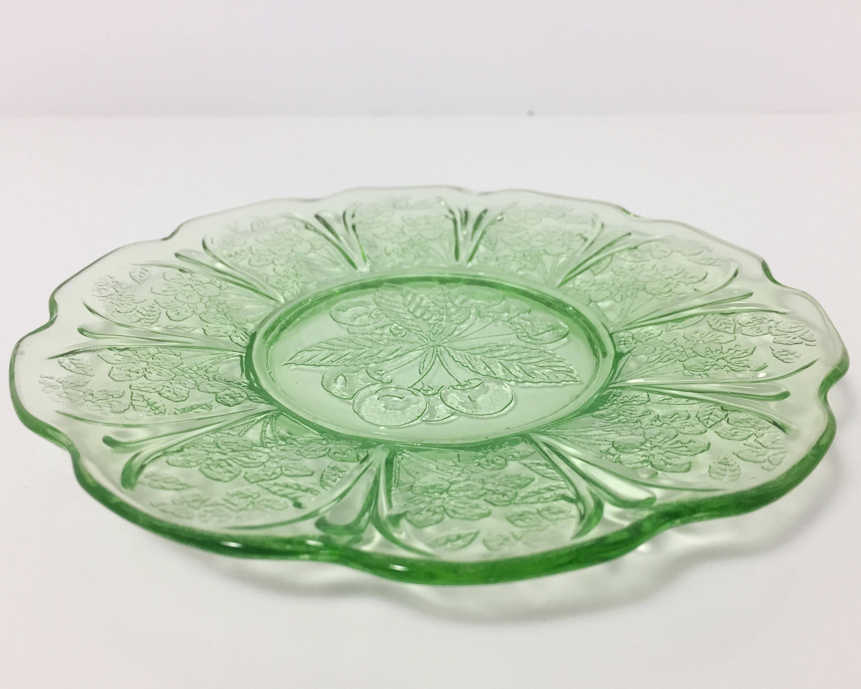 Green depression glass divided plates