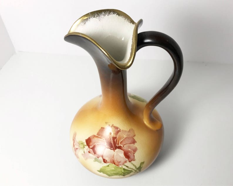 IOGA Warwick A27 Antique Brown Long Neck Handled Pitcher Vase with Hibiscus Flower Decal Warwick China Wheeling West Virginia